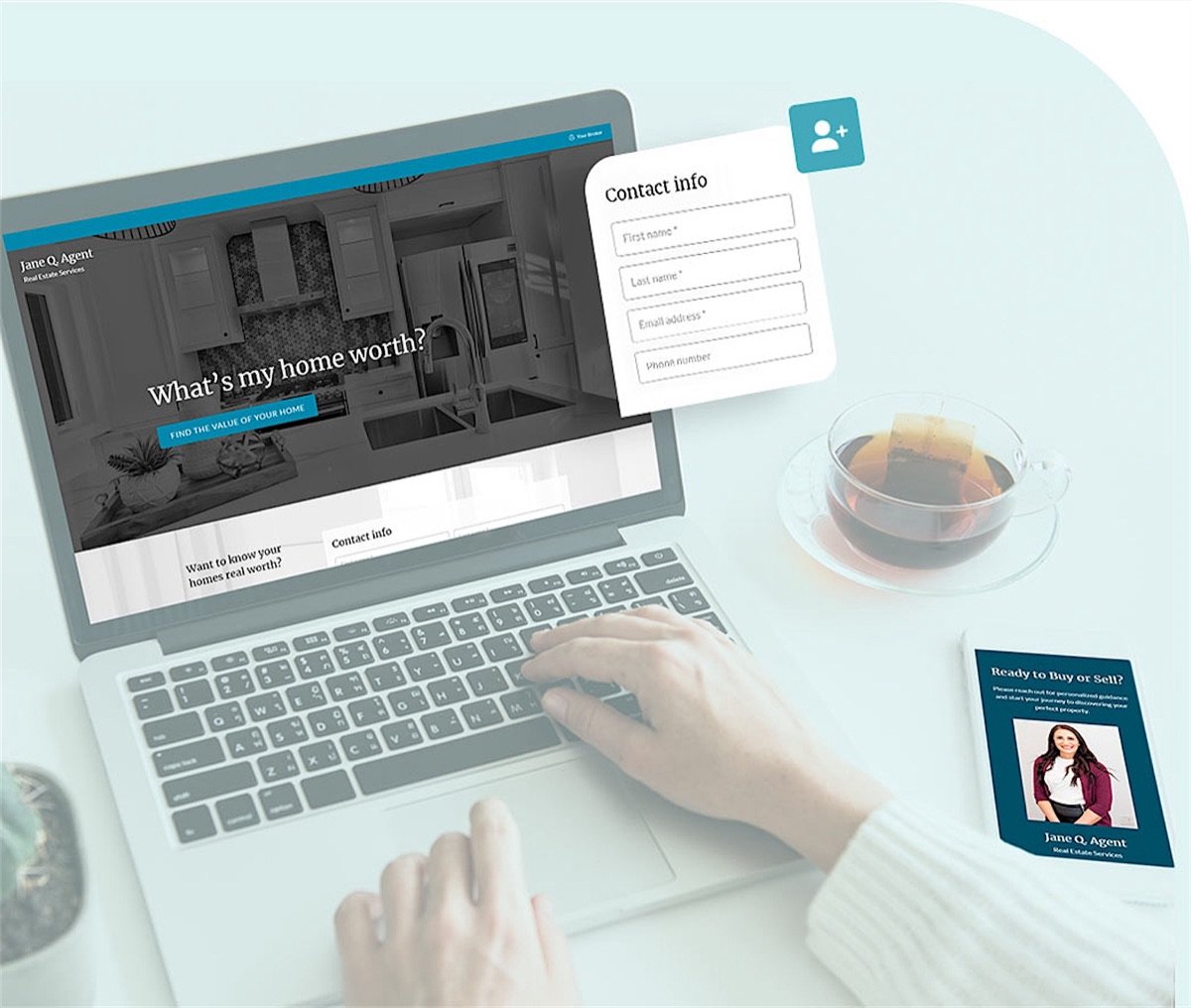 A “What’s my home worth?” landing page on a laptop, with its contact form for sellers